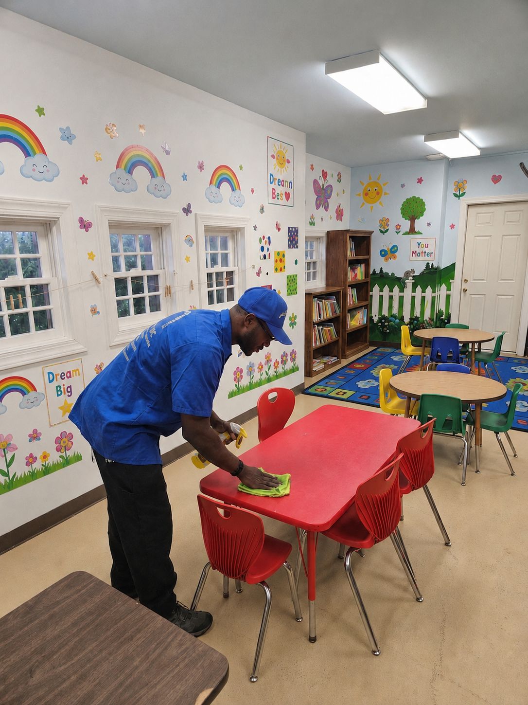 Staff cleaning classroom